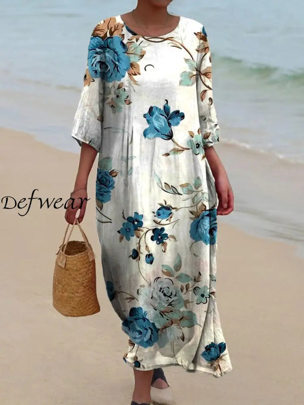 Retro Floral Art Print Chic Round Neck Three-Quarter Sleeve Elegant Midi Dress A / S