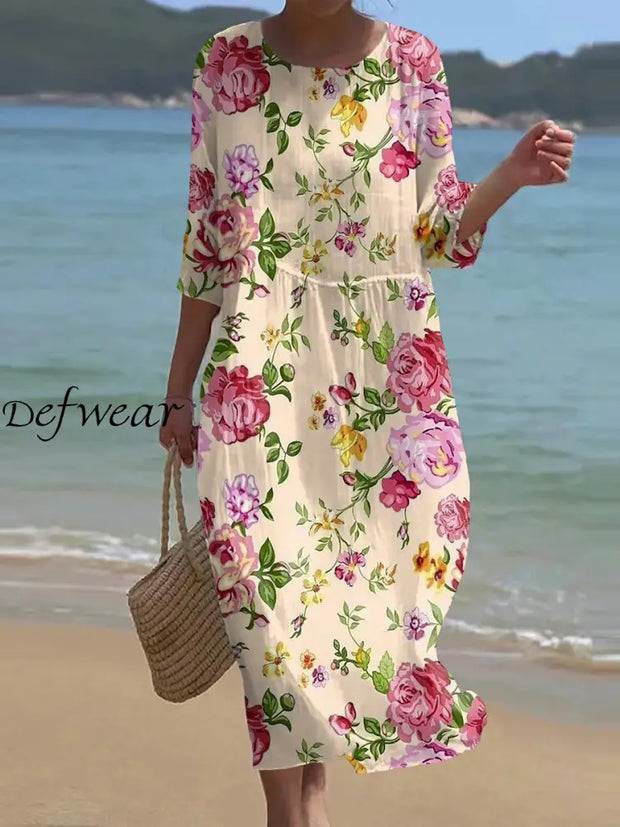 Retro Floral Art Print Chic Round Neck Three Quarter Sleeve Elegant Midi Dress A / S