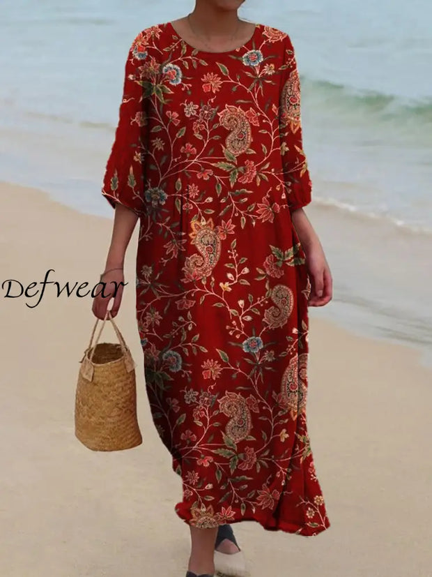 Retro Floral Art Print Chic Round Neck Three-Quarter Sleeve Elegant Midi Dress A / S