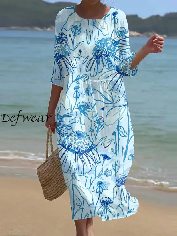 Retro Floral Art Print Chic Round Neck Three Quarter Sleeve Elegant Midi Dress A / S