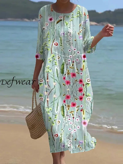 Retro Floral Art Print Chic Round Neck Three Quarter Sleeve Elegant Midi Dress A / S