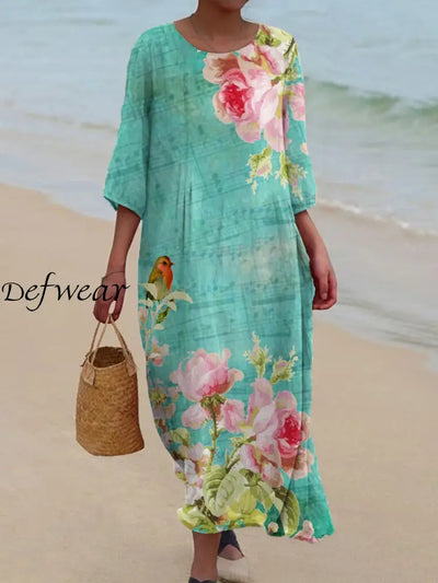 Retro Floral Art Print Chic Round Neck Three-Quarter Sleeve Elegant Midi Dress A / S