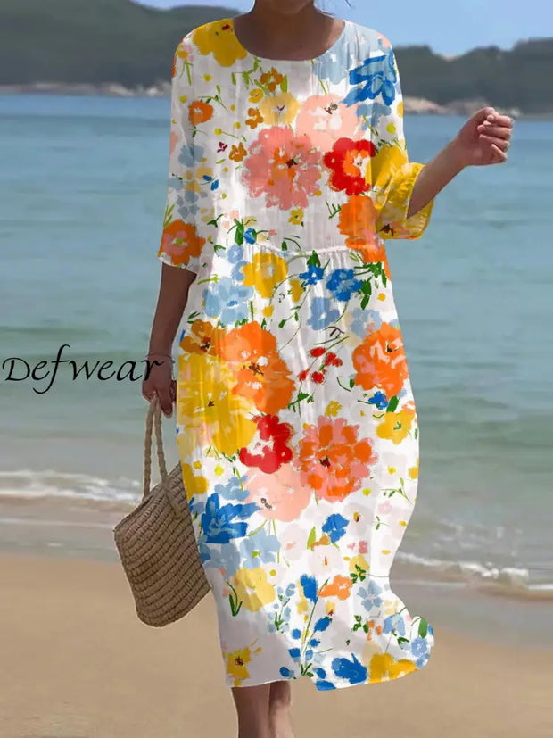 Retro Floral Art Print Chic Round Neck Three Quarter Sleeve Elegant Midi Dress A / S