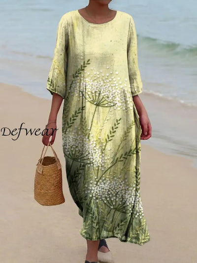 Retro Floral Art Print Chic Round Neck Three-Quarter Sleeve Elegant Midi Dress A / S