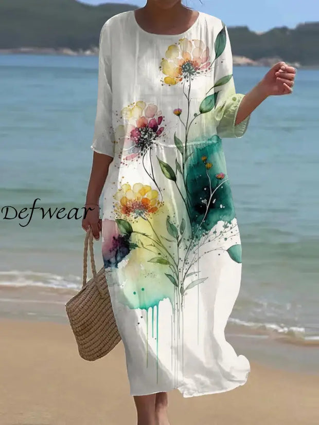 Retro Floral Art Print Chic Round Neck Three Quarter Sleeve Elegant Midi Dress A / S