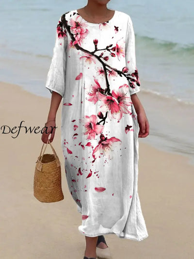 Retro Floral Art Print Chic Round Neck Three-Quarter Sleeve Elegant Midi Dress A / S