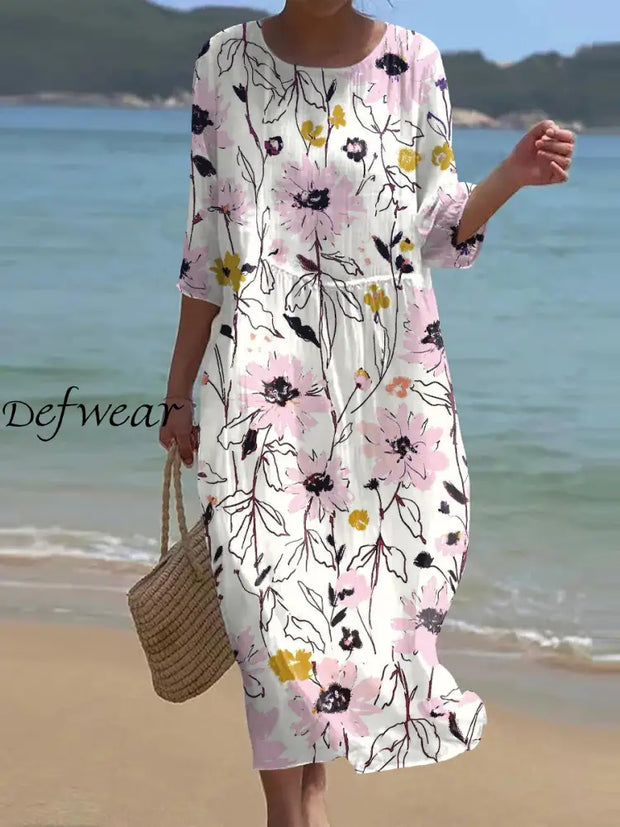 Retro Floral Art Print Chic Round Neck Three Quarter Sleeve Elegant Midi Dress A / S