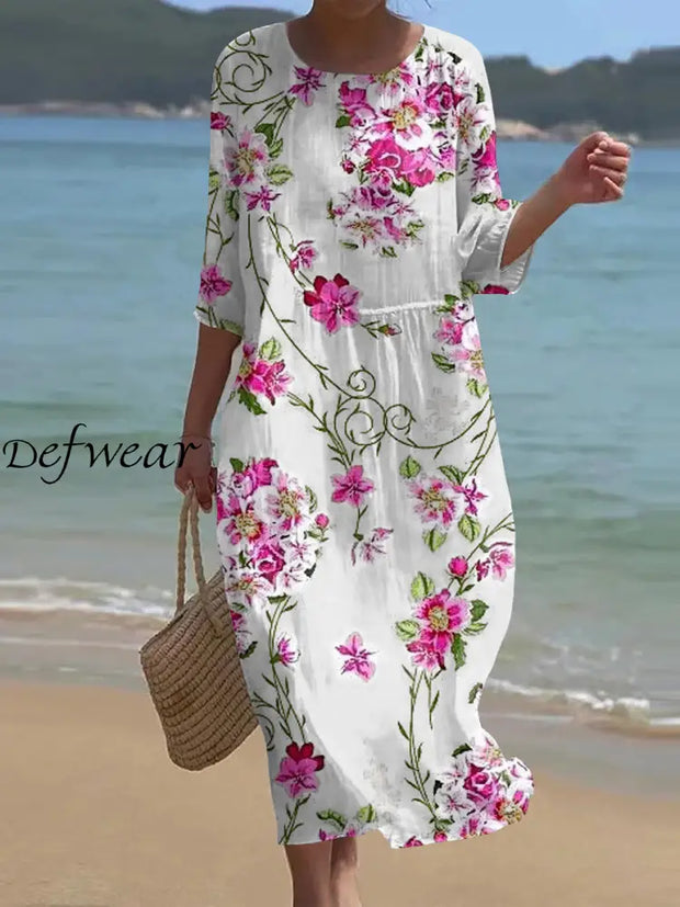 Retro Floral Art Print Chic Round Neck Three Quarter Sleeve Elegant Midi Dress A / S