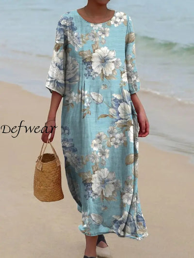 Retro Floral Art Print Chic Round Neck Three-Quarter Sleeve Elegant Midi Dress A / S