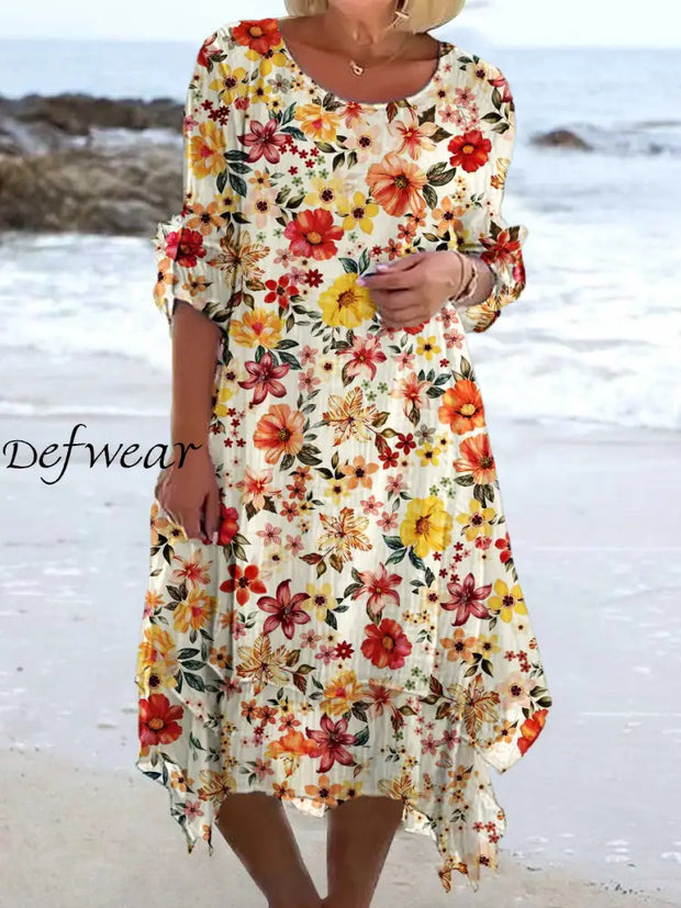 Retro Floral Art Print Chic Three Quarter Sleeve Round Neck Elegant Midi Dress A / S