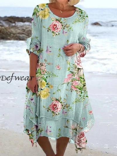 Retro Floral Art Print Chic Three Quarter Sleeve Round Neck Elegant Midi Dress A / S