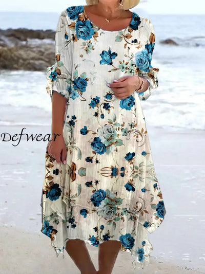 Retro Floral Art Print Chic Three Quarter Sleeve Round Neck Elegant Midi Dress A / S