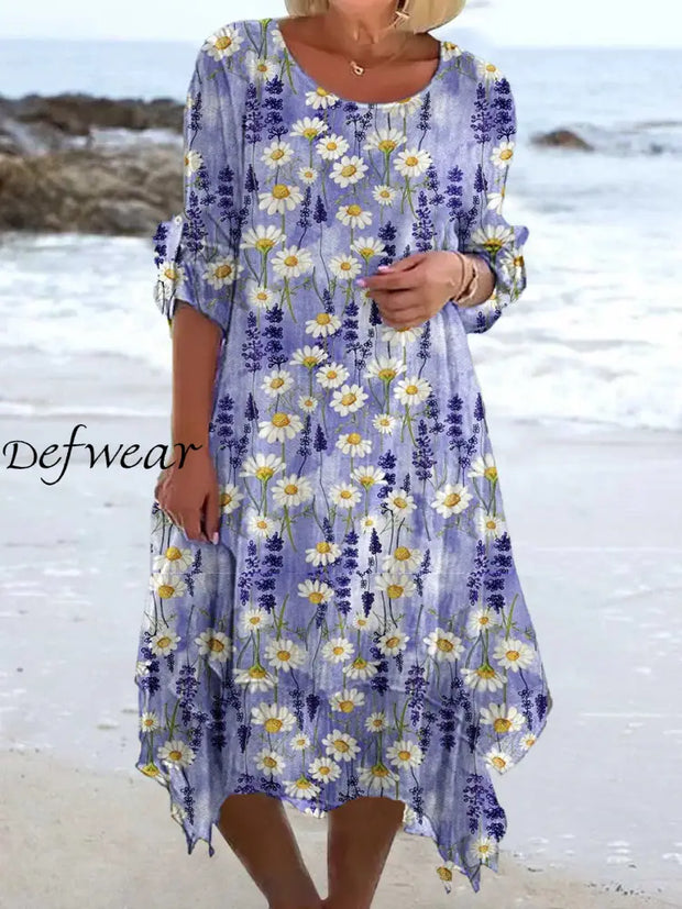 Retro Floral Art Print Chic Three Quarter Sleeve Round Neck Elegant Midi Dress A / S