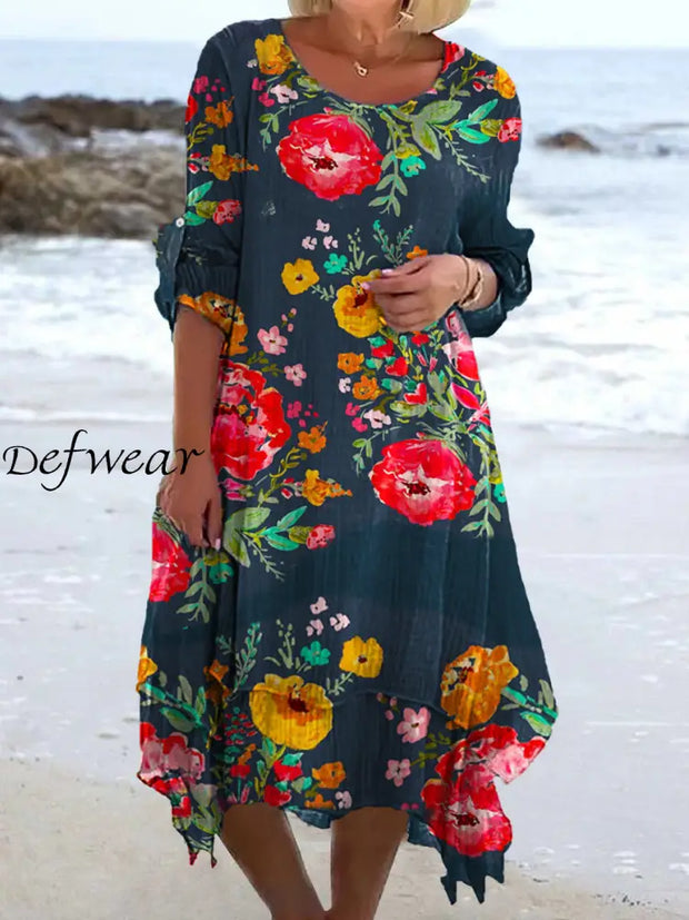 Retro Floral Art Print Chic Three Quarter Sleeve Round Neck Elegant Midi Dress A / S