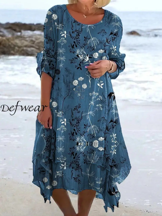 Retro Floral Art Print Chic Three Quarter Sleeve Round Neck Elegant Midi Dress A / S