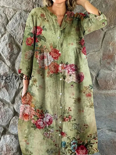 Retro Floral Art Print Chic Three Quarter Sleeve Round Neck Elegant Midi Dress A / S