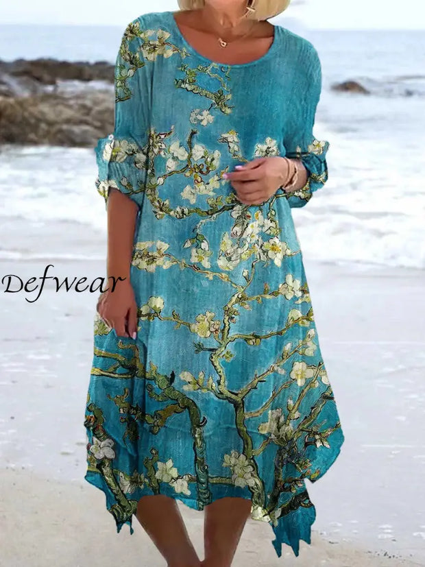 Retro Floral Art Print Chic Three Quarter Sleeve Round Neck Elegant Midi Dress A / S