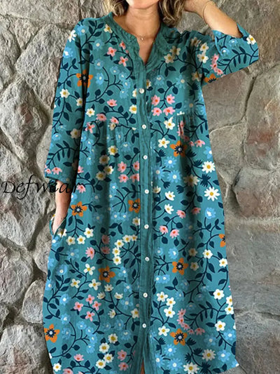 Retro Floral Art Print Chic V-Neck Three-Quarter Sleeve Button Elegant Midi Dress A / S