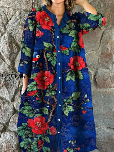 Retro Floral Art Print Chic V-Neck Three-Quarter Sleeve Button Elegant Midi Dress A / S