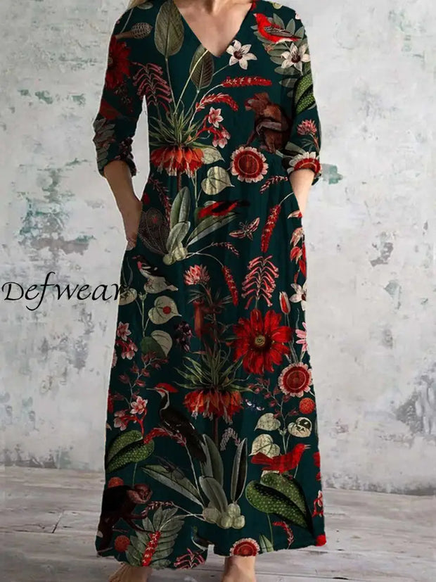 Retro Floral Art Print Chic V-Neck Three-Quarter Sleeve Elegant Midi Dress A / S