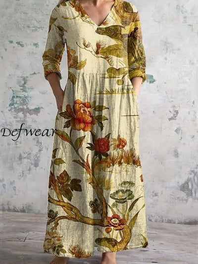 Retro Floral Art Print Chic V Neck Three Quarter Sleeve Elegant Midi Dress A / S