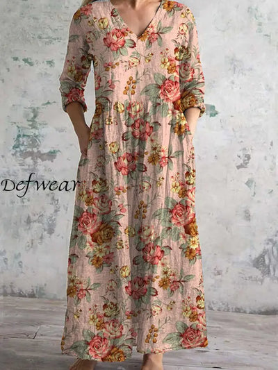 Retro Floral Art Print Chic V-Neck Three-Quarter Sleeve Elegant Midi Dress A / S