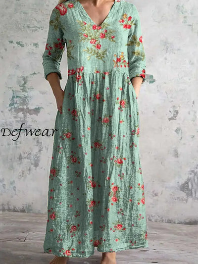 Retro Floral Art Print Chic V Neck Three Quarter Sleeve Elegant Midi Dress A / S