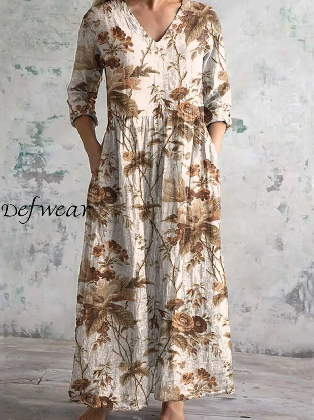 Retro Floral Art Print Chic V Neck Three Quarter Sleeve Elegant Midi Dress A / S