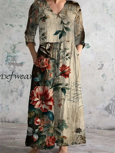 Retro Floral Art Print Chic V-Neck Three-Quarter Sleeve Elegant Midi Dress A / S