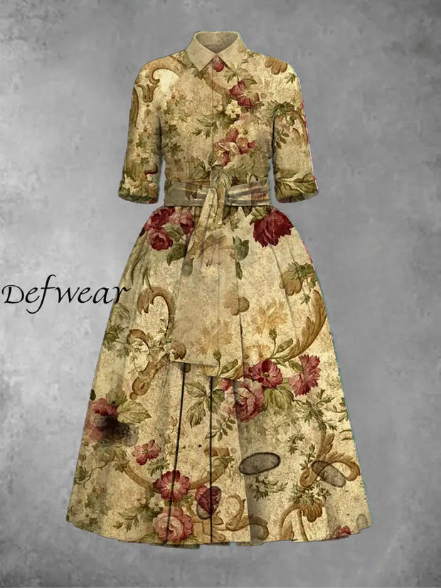 Retro Floral Art Print Lapel Half Sleeve Elegant Midi Dress A / S