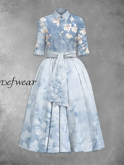 Retro Floral Art Print Lapel Half Sleeve Elegant Midi Dress A / S