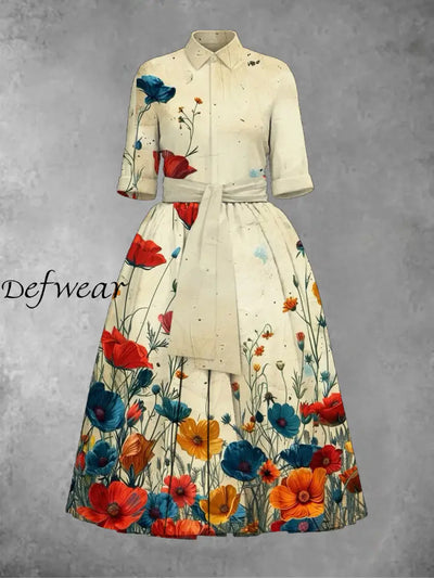 Retro Floral Art Print Lapel Half Sleeve Elegant Midi Dress A / S