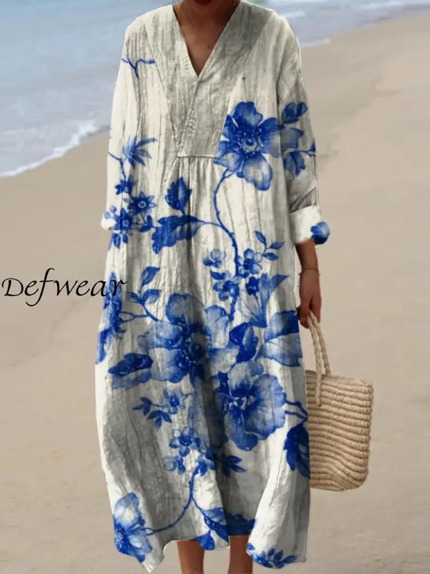 Retro Floral Art Print V-Neck Elegant Chic Loose Long Sleeve Midi Dress A / S