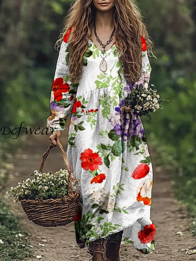 Retro Floral Art Print V-Neck Elegant Chic Loose Long Sleeve Midi Dress A / S