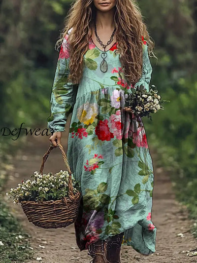 Retro Floral Art Print V-Neck Elegant Chic Loose Long Sleeve Midi Dress A / S