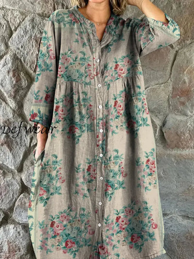 Retro Floral Art Print Vintage Chic V-Neck Button Up Long Sleeve Midi Dress A / S