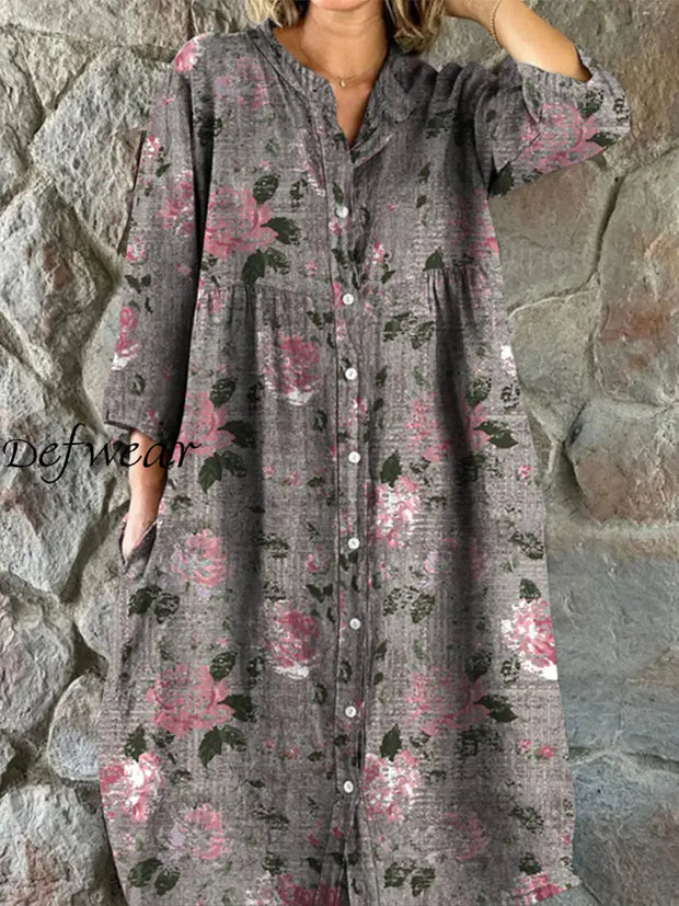 Retro Floral Art Print Vintage Chic V-Neck Button Up Long Sleeve Midi Dress A / S