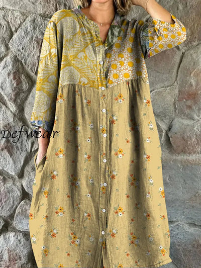 Retro Floral Art Print Vintage Chic V-Neck Button Up Long Sleeve Midi Dress A / S