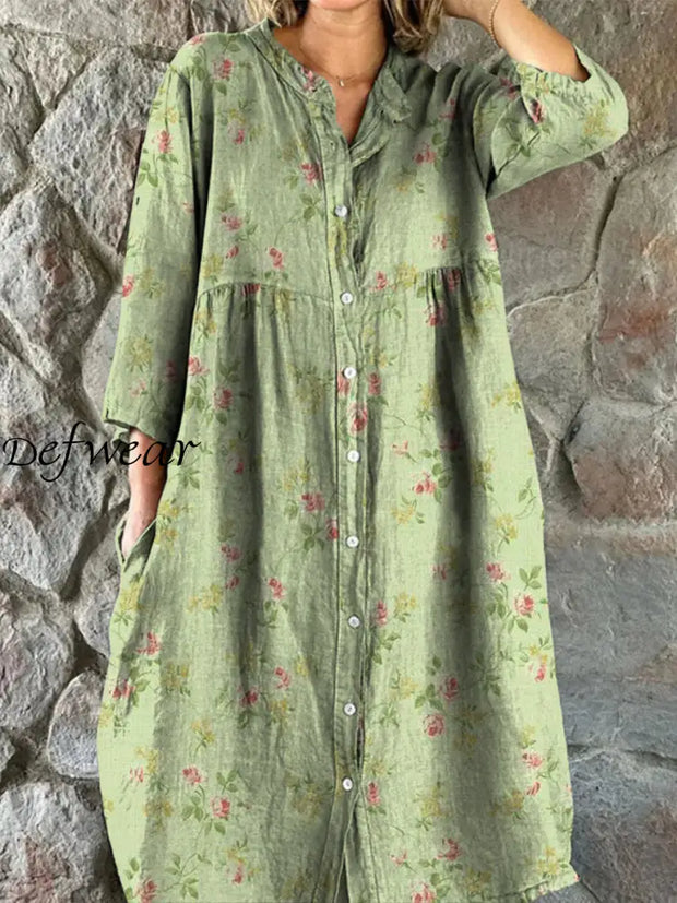 Retro Floral Art Print Vintage Chic V-Neck Button Up Long Sleeve Midi Dress A / S