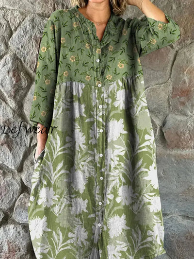 Retro Floral Art Print Vintage Chic V-Neck Button Up Long Sleeve Midi Dress A / S