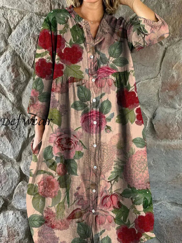 Retro Floral Art Print Vintage Chic V-Neck Button Up Long Sleeve Midi Dress A / S