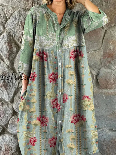 Retro Floral Art Print Vintage Chic V-Neck Button Up Long Sleeve Midi Dress A / S