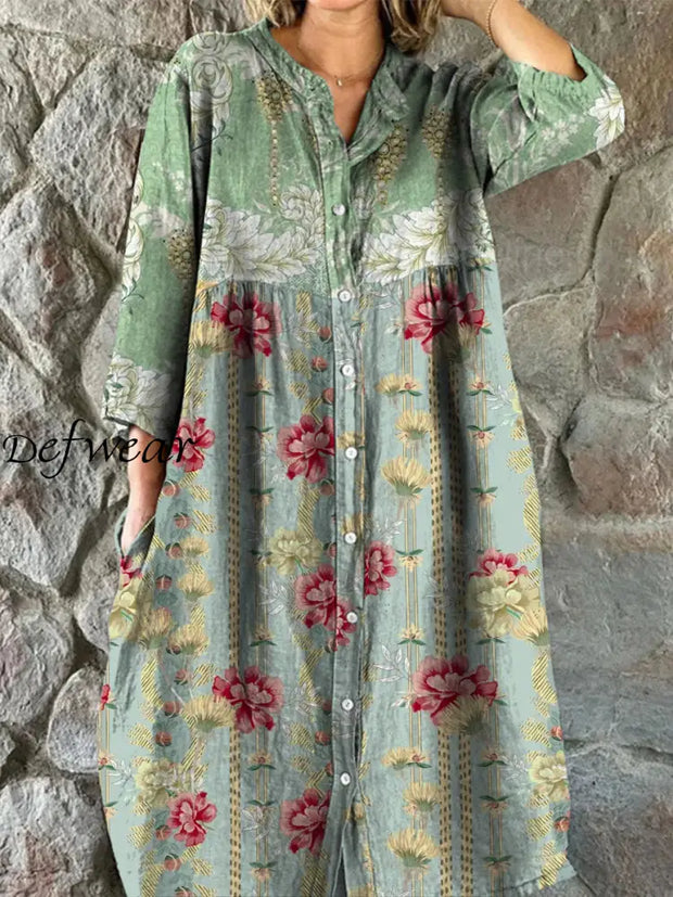 Retro Floral Art Print Vintage Chic V-Neck Button Up Long Sleeve Midi Dress A / S