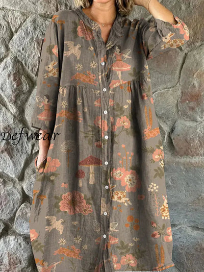 Retro Floral Art Print Vintage Chic V-Neck Button Up Long Sleeve Midi Dress A / S