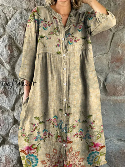 Retro Floral Art Print Vintage Chic V-Neck Button Up Long Sleeve Midi Dress A / S