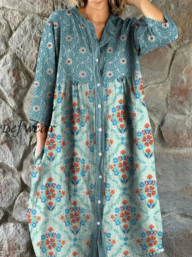 Retro Floral Art Print Vintage Chic V-Neck Button Up Long Sleeve Midi Dress A / S