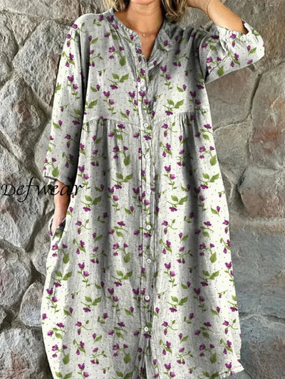 Retro Floral Art Print Vintage Chic V-Neck Button Up Long Sleeve Midi Dress A / S