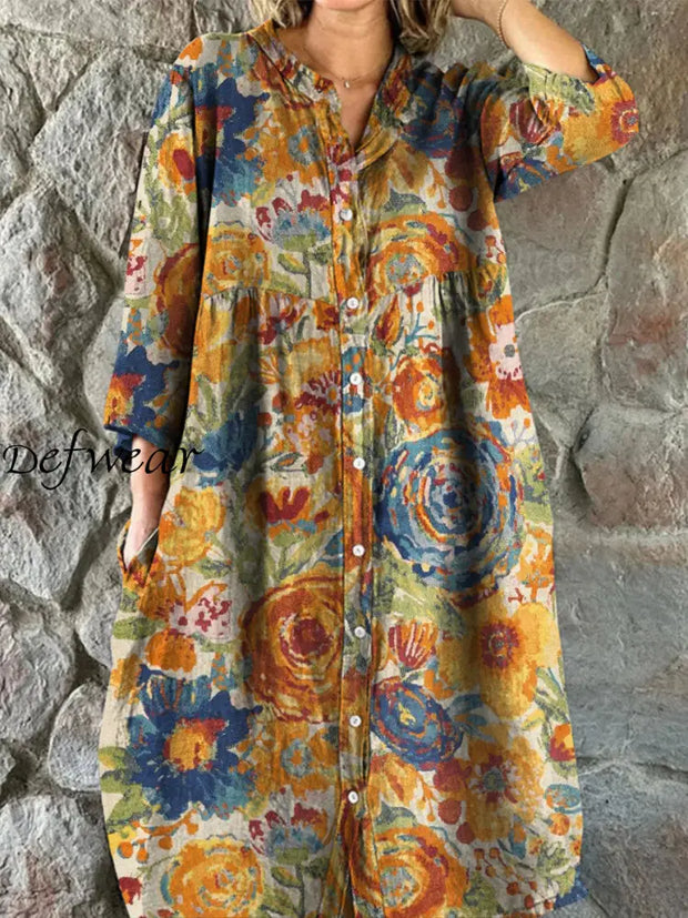 Retro Floral Art Print Vintage Chic V-Neck Button Up Long Sleeve Midi Dress A / S