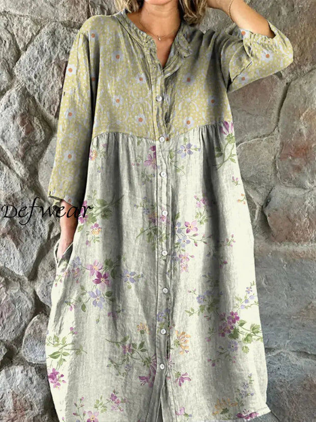 Retro Floral Art Print Vintage Chic V-Neck Button Up Long Sleeve Midi Dress A / S