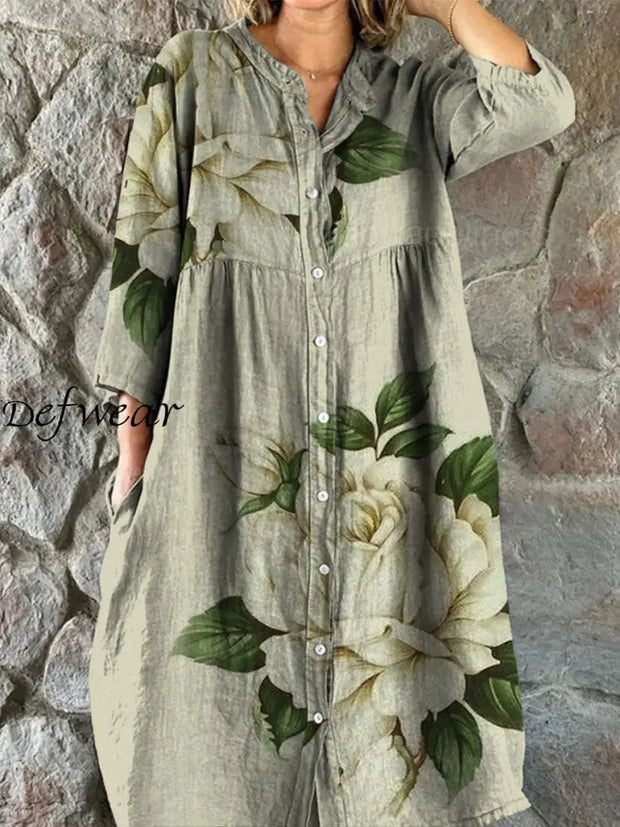 Retro Floral Art Print Vintage Chic V-Neck Button Up Long Sleeve Midi Dress A / S